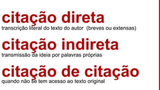 citação diretatranscrição literal do texto do autor (breves ou extensas)
citação de citaçãoquando não se tem acesso ao texto original
citação indiretatransmissão da ideia por palavras próprias
 
