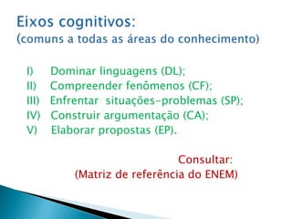 I)     Dominar linguagens (DL);
II)    Compreender fenômenos (CF);
III)   Enfrentar situações-problemas (SP);
IV)    Construir argumentação (CA);
V)     Elaborar propostas (EP).

                               Consultar:
           (Matriz de referência do ENEM)
 