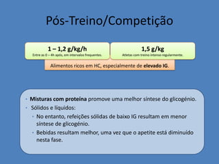 Pós-Treino/Competição 
Alimentos ricos em HC, especialmente de elevado IG. 
1 – 1,2 g/kg/h 
Entre as 0 – 4h após, em intervalos frequentes. 
1,5 g/kg Atletas com treino intenso regularmente. 
•Misturas com proteína promove uma melhor síntese do glicogénio. 
• Sólidos e líquidos: 
•No entanto, refeições sólidas de baixo IG resultam em menor síntese de glicogénio. 
•Bebidas resultam melhor, uma vez que o apetite está diminuído nesta fase.  