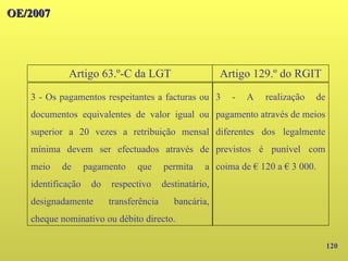 120
OE/2007
OE/2007
3 - Os pagamentos respeitantes a facturas ou
documentos equivalentes de valor igual ou
superior a 20 vezes a retribuição mensal
mínima devem ser efectuados através de
meio de pagamento que permita a
identificação do respectivo destinatário,
designadamente transferência bancária,
cheque nominativo ou débito directo.
3 - A realização de
pagamento através de meios
diferentes dos legalmente
previstos é punível com
coima de € 120 a € 3 000.
Artigo 63.º-C da LGT Artigo 129.º do RGIT
 