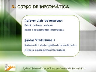 3.  CURSO DE INFORMÁTICA Referenciais de emprego: Gestão de bases de dados Redes e equipamentos informáticos Saídas Profissionais Sectores de trabalho: gestão de bases de dados e redes e equipamentos informáticos À descoberta dos principais percursos de formação…. 