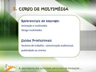 5.  CURSO DE MULTIMÉDIA Referenciais de emprego: Animação e multimédia Design multimédia Saídas Profissionais Sectores de trabalho : comunicação audiovisual, publicidade ou cinema À descoberta dos principais percursos de formação…. 