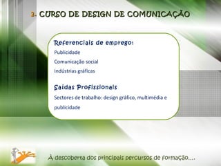À descoberta dos principais percursos de formação…. Referenciais de emprego: Publicidade Comunicação social Indústrias gráficas Saídas Profissionais Sectores de trabalho: design gráfico, multimédia e publicidade 2.  CURSO DE DESIGN DE COMUNICAÇÃO 