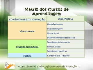 Matriz dos Cursos de Aprendizagem À descoberta dos principais percursos de formação…. COMPONENTES DE FORMAÇÃO DISCIPLINAS SÓCIO-CULTURAL Língua Portuguesa Língua Estrangeira Mundo Actual Desenvolvimento Pessoal e Social CIENTÍFICO-TECNOLÓGICA Tecnologias da Informação Ciências Básicas Tecnologias Específicas PRÁTICA Contexto de Trabalho 