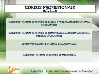 CURSOS PROFISSIONAIS (NÍVEL 3) À descoberta dos principais percursos de formação…. CURSO PROFISSIONAL DE TÉCNICO DE GESTÃO E PROGRAMAÇÃO DE SISTEMAS INFORMÁTICOS CURSO PROFISSIONAL DE TÉCNICO DE COMUNICAÇÃO/MARKETING, RELAÇÕES PÚBLICAS E PUBLICIDADE CURSO PROFISSIONAL DE TÉCNICO DE AUDIOVISUAIS CURSO PROFISSIONAL DE TÉCNICO DE MULTIMÉDIA 