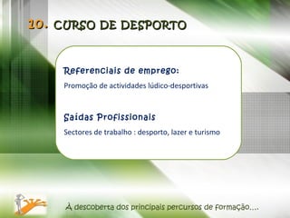 À descoberta dos principais percursos de formação…. Referenciais de emprego: Promoção de actividades lúdico-desportivas Saídas Profissionais Sectores de trabalho : desporto, lazer e turismo 10.  CURSO DE DESPORTO 