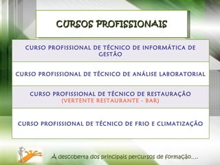 CURSOS PROFISSIONAIS À descoberta dos principais percursos de formação…. CURSO PROFISSIONAL DE TÉCNICO DE INFORMÁTICA DE GESTÃO CURSO PROFISSIONAL DE TÉCNICO DE ANÁLISE LABORATORIAL CURSO PROFISSIONAL DE TÉCNICO DE RESTAURAÇÃO (VERTENTE RESTAURANTE - BAR) CURSO PROFISSIONAL DE TÉCNICO DE FRIO E CLIMATIZAÇÃO 