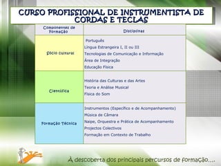 CURSO PROFISSIONAL DE INSTRUMENTISTA DE CORDAS E TECLAS À descoberta dos principais percursos de formação…. Componentes de Formação    Disciplinas       Sócio cultural   Português  Língua Estrangeira I, II ou III Tecnologias de Comunicação e Informação Área de Integração  Educação Física     Científica   História das Culturas e das Artes Teoria e Análise Musical Física do Som         Formação Técnica    Instrumentos (Específico e de Acompanhamento)  Música de Câmara Naipe, Orquestra e Prática de Acompanhamento  Projectos Colectivos Formação em Contexto de Trabalho  