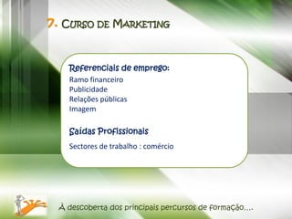 7. CURSO DE MARKETING


    Referenciais de emprego:
    Ramo financeiro
    Publicidade
    Relações públicas
    Imagem

    Saídas Profissionais
    Sectores de trabalho : comércio




  À descoberta dos principais percursos de formação….
 