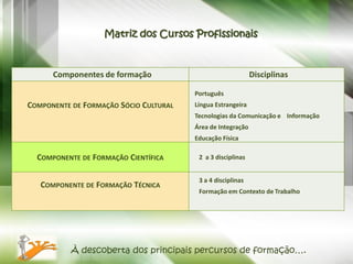 Matriz dos Cursos Profissionais



      Componentes de formação                                Disciplinas

                                        Português
COMPONENTE DE FORMAÇÃO SÓCIO CULTURAL   Língua Estrangeira
                                        Tecnologias da Comunicação e Informação
                                        Área de Integração
                                        Educação Física

  COMPONENTE DE FORMAÇÃO CIENTÍFICA      2 a 3 disciplinas


                                         3 a 4 disciplinas
   COMPONENTE DE FORMAÇÃO TÉCNICA
                                         Formação em Contexto de Trabalho




           À descoberta dos principais percursos de formação….
 