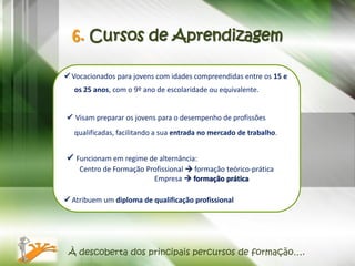 6. Cursos de Aprendizagem

 Vocacionados para jovens com idades compreendidas entre os 15 e
   os 25 anos, com o 9º ano de escolaridade ou equivalente.


 Visam preparar os jovens para o desempenho de profissões
   qualificadas, facilitando a sua entrada no mercado de trabalho.


 Funcionam em regime de alternância:
    Centro de Formação Profissional  formação teórico-prática
                         Empresa  formação prática

 Atribuem um diploma de qualificação profissional




 À descoberta dos principais percursos de formação….
 