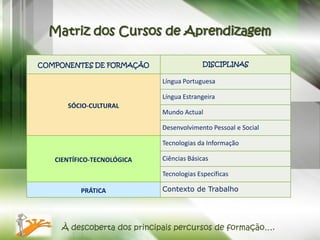 Matriz dos Cursos de Aprendizagem

COMPONENTES DE FORMAÇÃO                  DISCIPLINAS

                            Língua Portuguesa

                            Língua Estrangeira
      SÓCIO-CULTURAL
                            Mundo Actual

                            Desenvolvimento Pessoal e Social

                            Tecnologias da Informação

   CIENTÍFICO-TECNOLÓGICA   Ciências Básicas

                            Tecnologias Específicas

          PRÁTICA           Contexto de Trabalho




    À descoberta dos principais percursos de formação….
 