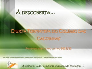 À DESCOBERTA…



            OFERTA FORMATIVA DO COLÉGIO DAS
                                                    CALDINHAS

                                   PROPOSTAS PARA O ANO LECTIVO 2011/12

* A oferta formativa apresentada poderá sofrer alterações até à data da inscrição dos alunos.




                              À descoberta dos principais percursos de formação….
 