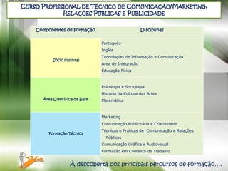 CURSO PROFISSIONAL DE TÉCNICO DE COMUNICAÇÃO/MARKETING,
             RELAÇÕES PÚBLICAS E PUBLICIDADE

    Componentes de Formação                          Disciplinas

                                Português
                                Inglês
                                Tecnologias de Informação e Comunicação
           Sócio cultural
                                Área de Integração
                                Educação Física



                                Psicologia e Sociologia
                                História da Cultura das Artes
      Área Científica de Base   Matemática



                                Marketing
                                Comunicação Publicitária e Criatividade
                                Técnicas e Práticas de Comunicação e Relações
         Formação Técnica
                                  Públicas
                                Comunicação Gráfica e Audiovisual
                                Formação em Contexto de Trabalho


                    À descoberta dos principais percursos de formação….
 