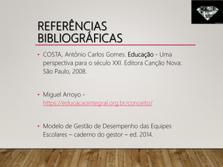 REFERÊNCIAS
BIBLIOGRÁFICAS
• COSTA, Antônio Carlos Gomes. Educação - Uma
perspectiva para o século XXI. Editora Canção Nova:
São Paulo, 2008.
• Miguel Arroyo -
https://educacaointegral.org.br/conceito/
• Modelo de Gestão de Desempenho das Equipes
Escolares – caderno do gestor – ed. 2014.
 