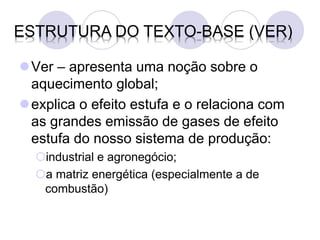 ESTRUTURA DO TEXTO-BASE (VER)

Ver – apresenta uma noção sobre o
 aquecimento global;
explica o efeito estufa e o relaciona com
 as grandes emissão de gases de efeito
 estufa do nosso sistema de produção:
  industrial e agronegócio;
  a matriz energética (especialmente a de
   combustão)
 