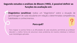 Segundo estudos e análises de Bloom (1993), é possível definir as
funções da avaliação em:
Diagnóstica (analítica): realiza um “diagnóstico” sobre a situação de
aprendizagem de cada estudante em relação a determinadas competências,
habilidades e conhecimentos.
Para mapear os pontos fortes e as dificuldades de cada estudante, permitindo ao professor
descobrir a melhor forma de solucionar esses problemas de maneira individual e melhorar
suas metodologias aplicadas.
Para quê?
 