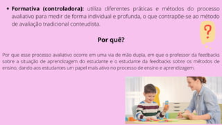 Formativa (controladora): utiliza diferentes práticas e métodos do processo
avaliativo para medir de forma individual e profunda, o que contrapõe-se ao método
de avaliação tradicional conteudista.
Por quê?
Por que esse processo avaliativo ocorre em uma via de mão dupla, em que o professor da feedbacks
sobre a situação de aprendizagem do estudante e o estudante da feedbacks sobre os métodos de
ensino, dando aos estudantes um papel mais ativo no processo de ensino e aprendizagem.
 