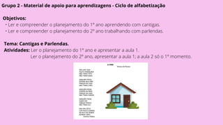 Grupo 2 - Material de apoio para aprendizagens - Ciclo de alfabetização
Objetivos:
• Ler e compreender o planejamento do 1º ano aprendendo com cantigas.
• Ler e compreender o planejamento do 2º ano trabalhando com parlendas.
Tema: Cantigas e Parlendas.
Atividades: Ler o planejamento do 1º ano e apresentar a aula 1.
Ler o planejamento do 2º ano, apresentar a aula 1; a aula 2 só o 1º momento.
 