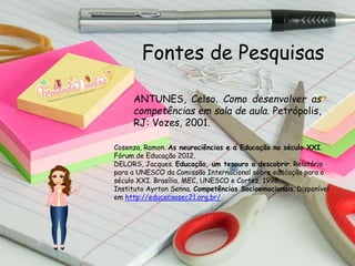 Cosenza, Ramon. As neurociências e a Educação no século XXI.
Fórum de Educação 2012.
DELORS, Jacques. Educação, um tesouro a descobrir. Relatório
para a UNESCO da Comissão Internacional sobre educação para o
século XXI. Brasília, MEC, UNESCO e Cortez, 1998.
Instituto Ayrton Senna. Competências Socioemocionais. Disponível
em http://educacaosec21.org.br/
Fontes de Pesquisas
ANTUNES, Celso. Como desenvolver as
competências em sala de aula. Petrópolis,
RJ: Vozes, 2001.
 