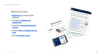 CONFIDENTIAL INFORMATION
37
Materiais de apoio
• Biblioteca de recursos Khan
Academy
• Tutorial de Cadastro na
plataforma
• Tutorial de Gerenciamento de
turmas
• Tutorial Khan e Google Sala de
Aula
• Card Formação Inicial
RECURSOS COMPLEMENTARES
 