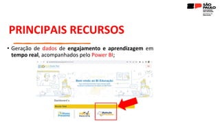 PRINCIPAIS RECURSOS
• Geração de dados de engajamento e aprendizagem em
tempo real, acompanhados pelo Power BI;
 