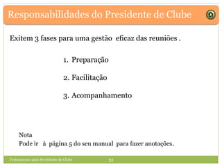 Responsabilidades do Presidente de Clube
Exitem 3 fases para uma gestão eficaz das reuniões .
1. Preparação
2. Facilitação
3. Acompanhamento
Treinamento para Presidente de Clube 31
Nota
Pode ir à página 5 do seu manual para fazer anotações.
 