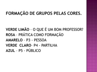 FORMAÇÃO DE GRUPOS PELAS CORES.
VERDE LIMÃO – O QUE É UM BOM PROFESSOR?
ROSA – PRÁTICA COMO FORMAÇÃO
AMARELO – P3 - PESSOA
VERDE CLARO– P4 - PARTILHA
AZUL – P5 - PÚBLICO
 