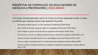 PERSPETIVA DA FORMAÇÃO DE EDUCADORES DE
INFÂNCIA E PROFESSORES | DISCURSIVO
A formação inicial perspetivada a partir de 3 eixos (currículo, organização escolar e acesso
à profissão), que respostas dá para estas questões de partida:
• Que saberes poderão garantir um bom desempenho profissional? (CNE, 2015a)
• Que modelo de formação responde melhor às necessidades de formação? (CNE, 2015a)
• Como integras as práticas de sala de aula nos programas de formação? (CNE, 2015a)
• Como formar e recrutar os melhores professores para o exercício da profissão? (CNE, 2015b, p. 10)
• Como se articula a formação docente com a aprendizagem dos alunos? (Esteves, 2015, p. 156)
• Como se integra a formação inicial com o desenvolvimento profissional docente? (Estrela, 2001)
• Como se articula a formação docente com o perfil de competências desejável para o ensino? (Esteves,
2015, p. 157)
 