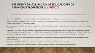 PERSPETIVA DA FORMAÇÃO DE EDUCADORES DE
INFÂNCIA E PROFESSORES | JURÍDICO
• Decreto-Lei n.º 369/2007, de 5 de novembro, criou a Agência de Avaliação e Acreditação do Ensino Superior e aprova os respetivos estatutos.
• Decreto Regulamentar n.º 3/2008, de 21 janeiro, estabeleceu o regime da prova de avaliação de conhecimentos e competências, alterado pelos Decretos Regulamentares n.º
7/2013, de 23 de outubro, e n.º 27/2009, de 6 de Outubro.
• Decreto Regulamentar n.º 26/2012, de 21 de fevereiro, regulamentou o sistema de avaliação do desempenho do pessoal docente da educação pré-escolar e dos ensinos básico
e secundário.
• Decreto-Lei n.º 132/2012, de 27 de junho, estabeleceu o novo regime de recrutamento e mobilidade do pessoal docente dos ensinos básico e secundário e de formadores e
técnicos especializados, alterado pelo Decreto-Lei n.º 146/2013, de 22 de outubro, pela Lei n.º 80/2013, de 28 de novembro, e pelo Decreto-Lei n.º 83-A/2014, de 23 de maio.
• Despacho n.º 13981/2012, de 26 de outubro, aprovou os parâmetros nacionais para a avaliação externa da dimensão científica e pedagógica.
• Decreto-Lei n.º 79/2014, de 14 de maio, aprovou o regime jurídico da habilitação profissional para a docência na educação pré-escolar e nos ensinos
básico e secundário.
• Despacho nº 9488/2015, de 20 de agosto, regulamentou o período probatório do pessoal docente no ano de 2015.
• Despacho n.º 13660-M/2015, de 24 de novembro, suspendeu a realização da prova de avaliação de conhecimentos e capacidades dos docentes.
 