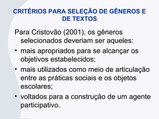 CRITÉRIOS PARA SELEÇÃO DE GÊNEROS E
DE TEXTOS
Para Cristovão (2001), os gêneros
selecionados deveriam ser aqueles:
• mais apropriados para se alcançar os
objetivos estabelecidos;
• mais utilizados como meio de articulação
entre as práticas sociais e os objetos
escolares;
• voltados para a construção de um agente
participativo.
 