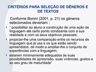 CRITÉRIOS PARA SELEÇÃO DE GÊNEROS E
DE TEXTOS
Conforme Bonini (2001, p. 21) os gêneros
selecionados deveriam :
• “ possibilitar ao aluno a construção de uma ação de
linguagem até certo ponto condizente com a sua
realidade e com os seus objetivos pessoais;
• propiciar-lhe uma comparação entre os recursos de
linguagem que já usa e os que estão sendo
apreendidos, de modo a ampliar-lhe o conjunto de
experiências com a linguagem;
• estarem minimamente adequados às suas
possibilidades de apreensão, suas vivências, gostos e
ao seu grau de maturidade”
 
