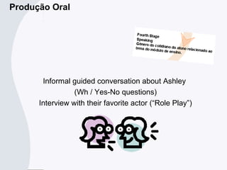 Informal guided conversation about Ashley
(Wh / Yes-No questions)
Interview with their favorite actor (“Role Play”)
Produção Oral
 