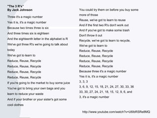 "The 3 R's”
By Jack Johnson
Three it's a magic number
Yes it is, it's a magic number
Because two times three is six
And three times six is eighteen
And the eighteenth letter in the alphabet is R
We've got three R's we're going to talk about
today
We've got to learn to
Reduce, Reuse, Recycle
Reduce, Reuse, Recycle
Reduce, Reuse, Recycle
Reduce, Reuse, Recycle
If you're going to the market to buy some juice
You've got to bring your own bags and you
learn to reduce your waste
And if your brother or your sister's got some
cool clothes
You could try them on before you buy some
more of those
Reuse, we've got to learn to reuse
And if the first two R's don't work out
And if you've got to make some trash
Don't throw it out
Recycle, we've got to learn to recycle,
We've got to learn to
Reduce, Reuse, Recycle
Reduce, Reuse, Recycle
Reduce, Reuse, Recycle
Reduce, Reuse, Recycle
Because three it's a magic number
Yes it is, it's a magic number
3, 3, 3
3, 6, 9, 12, 15, 18, 21, 24, 27, 30, 33, 36
33, 30, 27, 24, 21, 18, 15, 12, 9, 6, and
3, it's a magic number
http://www.youtube.com/watch?v=U6IbRSRe8MQ
 