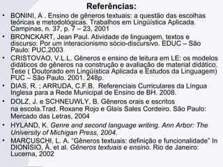 Referências:
• BONINI, A . Ensino de gêneros textuais: a questão das escolhas
teóricas e metodológicas. Trabalhos em Lingüística Aplicada.
Campinas, n. 37, p. 7 – 23, 2001
• BRONCKART, Jean Paul. Atividade de linguagem, textos e
discurso: Por um interacionismo sócio-discursivo. EDUC – São
Paulo: PUC,2003
• CRISTOVAO, V.L.L. Gêneros e ensino de leitura em LE: os modelos
didáticos de gêneros na construção e avaliação de material didático.
Tese ( Doutorado em Lingüística Aplicada e Estudos da Linguagem)
PUC – São Paulo. 2001. 248p.
• DIAS, R. ; ARRUDA, C.F.B. Referenciais Curriculares da Língua
Inglesa para a Rede Municipal de Ensino de BH. 2008.
• DOLZ, J. e SCHNEUWLY, B. Gêneros orais e escritos
na escola.Trad. Roxane Rojo e Glaís Sales Cordeiro. São Paulo:
Mercado das Letras, 2004
• HYLAND, K. Genre and second language writing. Ann Arbor: The
University of Michigan Press, 2004.
• MARCUSCHI, L. A. “Gêneros textuais: definição e funcionalidade” In
DIONÍSIO, Â. et al. Gêneros textuais e ensino. Rio de Janeiro:
Lucerna, 2002
 