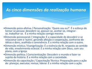 As cinco dimensões da realização humana
•Dimensão psico-afetiva / Personalização: ‘Quem sou eu?’. É o esforço de
tornar-se pessoa: descobrir-se, possuir-se, aceitar-se, integrar-
se, trabalhar-se. É a minha relação comigo mesmo.
•Dimensão psicossocial / Integração: É a capacidade de descobrir e se
relacionar com o ‘outro’, gerando afeição e cooperação, confronto de
idéias e dons, acolhida e convivência. É a minha relação com o outro.
•Dimensão mística / Evangelização: É a vivência da fé, resposta ao sentido
de vida, envolvimento eclesial. É a minha relação com Deus, com seu
plano, com a Igreja.
•Dimensão política / Conscientização: Descobrir o mundo e fazer-se
sujeito da história. É a minha relação com a sociedade.
•Dimensão da capacitação / Capacitação Técnica: Preparação para a ação
de: planejar, executar, revisar, liderar. É a minha relação com a ação.
 