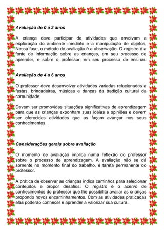 Avaliação de 0 a 3 anos

A criança deve participar de atividades que envolvam a
exploração do ambiente imediato e a manipulação de objetos;
Nessa fase, o método de avaliação é a observação. O registro é a
fonte de informação sobre as crianças, em seu processo de
aprender, e sobre o professor, em seu processo de ensinar.


Avaliação de 4 a 6 anos

O professor deve desenvolver atividades variadas relacionadas a
festas, brincadeiras, músicas e danças da tradição cultural da
comunidade;

Devem ser promovidas situações significativas de aprendizagem
para que as crianças exponham suas idéias e opiniões e devem
ser oferecidas atividades que as façam avançar nos seus
conhecimentos.



Considerações gerais sobre avaliação

O momento de avaliação implica numa reflexão do professor
sobre o processo de aprendizagem. A avaliação não se dá
somente no momento final do trabalho, é tarefa permanente do
professor.

A prática de observar as crianças indica caminhos para selecionar
conteúdos e propor desafios. O registro é o acervo de
conhecimentos do professor que lhe possibilita avaliar as crianças
propondo novos encaminhamentos. Com as atividades praticadas
elas poderão conhecer e aprender a valorizar sua cultura.
 