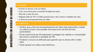 ANOTAÇÕES
EM
DIÁRIO
DE
BORDO
A manter
• Ensinar os alunos a ver os vídeos;
• Criar uma rotina para a inversão de algumas aulas;
• Não dar a aula de novo;
• Registar falta de TPC no GIAE quando aluno não cumpre o trabalho de casa;
• A ficha de acompanhamento do vídeo.
A melhorar
• Verificar que a ficha de acompanhamento do vídeo está preenchida e colada
no caderno (inserir uma questão extra para envio da foto da ficha
preenchida?);
• Enviar email inicial aos EE explicando a vantagem do método e a necessidade
dos alunos cumprirem a atividade de TPC;
• Ponderar o recurso ao EdPuzzle para garantir que os alunos vêm o vídeo
todo;
• Tentar apostar em vídeos mais dinâmicos.
 