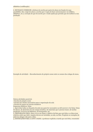 alfabético (codificação).

6. REVISAR E CORRIGIR: releitura do escrito por parte do aluno em função de suas
possibilida¬des; exigir do aluno a escrita que é capaz de fazer autonomamen¬te (silábica,
alfabética, etc.); correção do que foi escrito pro¬vendo ajuda que permita que ele melhore a sua
produção.




Exemplo de atividade – Reconhecimento do próprio nome entre os nomes dos colegas de mesa.




Outras atividades possíveis
• Escrita do próprio nome
• Escrita dos rótulos necessários para a organização da aula
• Escrita de nomes em murais temáticos
Esquemas didáticos: listas
1. Aproveitar todas as situações da aula nas quais for necessário ou útil escrever e ler listas: listas
de alunos, de elementos de um campo temático, de materiais que é preciso trazer, de tarefas
pendentes, de livros da biblioteca, de brinquedos, etc.
2. PREPARAÇÃO ORAL: discu¬te-se em classe o objetivo da lista que será feita e se discu-tem
critérios sobre que infor¬mações devem ser incluídas, ou não, na lista. Propõem-se exemplos de
palavras adequa¬das para a lista.
3. INSTRUÇÕES PARA A ATIVI¬DADE: o professor explicita a tarefa que será feita, resumindo
 