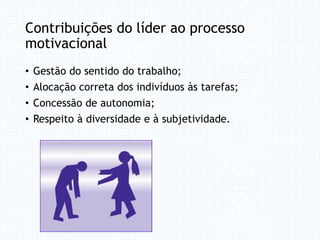 Contribuições do líder ao processo
motivacional
• Gestão do sentido do trabalho;
• Alocação correta dos indivíduos às tarefas;
• Concessão de autonomia;
• Respeito à diversidade e à subjetividade.
 