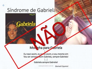+
Síndrome de Gabriela
www.psicostore.com.br
Modinha para Gabriela
[...]
Eu nasci assim, eu cresci assim, e sou mesmo sim
Vou ser sempre assim Gabriela, sempre Gabriela!
[...]
Gabriela sempre Gabriela!
Dorival Caymmi
 