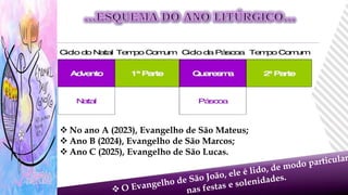  No ano A (2023), Evangelho de São Mateus;
 Ano B (2024), Evangelho de São Marcos;
 Ano C (2025), Evangelho de São Lucas.
 