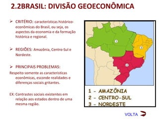 BRASIL – SÉCULO XX
1.8 Características
  gerais:
 Reorganização administrativa
 Crescimento urbano interiorizado
 Redirecionamento dos fluxos
 migratórios internos
 Agravamento de problemas ambientais
 Comprometimento dos recursos hídricos
 Crescimento da área marítima (1988 –
 200 milhas náuticas)
 Exploração da borracha (látex) no Norte




                                           VOLTA
 