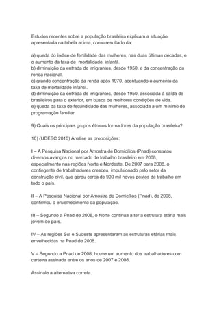 Estudos recentes sobre a população brasileira explicam a situação
apresentada na tabela acima, como resultado da:
a) queda do índice de fertilidade das mulheres, nas duas últimas décadas, e
o aumento da taxa de mortalidade infantil.
b) diminuição da entrada de imigrantes, desde 1950, e da concentração da
renda nacional.
c) grande concentração da renda após 1970, acentuando o aumento da
taxa de mortalidade infantil.
d) diminuição da entrada de imigrantes, desde 1950, associada à saída de
brasileiros para o exterior, em busca de melhores condições de vida.
e) queda da taxa de fecundidade das mulheres, associada a um mínimo de
programação familiar.
9) Quais os principais grupos étnicos formadores da população brasileira?
10) (UDESC 2010) Analise as proposições:
I – A Pesquisa Nacional por Amostra de Domicílios (Pnad) constatou
diversos avanços no mercado de trabalho brasileiro em 2008,
especialmente nas regiões Norte e Nordeste. De 2007 para 2008, o
contingente de trabalhadores cresceu, impulsionado pelo setor da
construção civil, que gerou cerca de 900 mil novos postos de trabalho em
todo o país.
II – A Pesquisa Nacional por Amostra de Domicílios (Pnad), de 2008,
confirmou o envelhecimento da população.
III – Segundo a Pnad de 2008, o Norte continua a ter a estrutura etária mais
jovem do país.
IV – As regiões Sul e Sudeste apresentaram as estruturas etárias mais
envelhecidas na Pnad de 2008.
V – Segundo a Pnad de 2008, houve um aumento dos trabalhadores com
carteira assinada entre os anos de 2007 e 2008.
Assinale a alternativa correta.
 