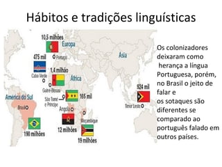 Hábitos e tradições linguísticas

                        Os colonizadores
                        deixaram como
                         herança a língua
                        Portuguesa, porém,
                        no Brasil o jeito de
                        falar e
                        os sotaques são
                        diferentes se
                        comparado ao
                        português falado em
                        outros países.
 