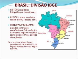 BRASIL: DIVISÃO IBGE CRITÉRIO: aspectos fisiográficos e econômicos. REGIÕES: norte, nordeste, centro-oeste, sudeste e sul. PRINCIPAIS PROBLEMAS: Grandes contrastes econômicos e físicos dentro da mesma região e respeito somente aos limites políticos dos estados. EX: o norte de Minas Gerais possuía mais caracteristicas da Região Nordeste que da Região Sudeste.  