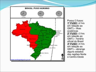 Possui 3 fusos: 1º FUSO  (-2 hrs em relação ao GMT) – ilhas oceânicas 2º FUSO  (-3 hrs em relação ao GMT) – horário oficial do Brasil 3º FUSO  (-4 hrs em relação ao GMT) – abrange alguns estados das regiões Norte e Centro-Oeste 