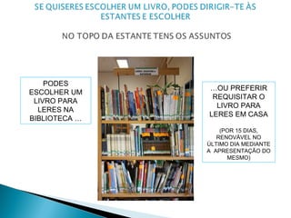 PODES
ESCOLHER UM
LIVRO PARA
LERES NA
BIBLIOTECA …
…OU PREFERIR
REQUISITAR O
LIVRO PARA
LERES EM CASA
(POR 15 DIAS,
RENOVÁVEL NO
ÚLTIMO DIA MEDIANTE
A APRESENTAÇÃO DO
MESMO)
 