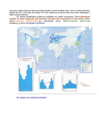vez que é nestes tipos de clima que está incluído o nosso território, bem como a maior parte dos
países da U.E. e do resto da Europa. Por isso, alerta-se os alunos para uma maior dedicação a
estes climas e biomas.
Os climas temperados podem-se subdividir em quatro sub-grupos: Clima subtropical
húmido ou clima temperado das fachadas orientais dos continentes ou tipo chinês, Clima
clima Temperado Mediteterrâneo (ou sub-tropical seco); clima Temperado Marítimo (ou
Oceânico); e clima Temperado Continental.
As regiões de subtropical húmido
 