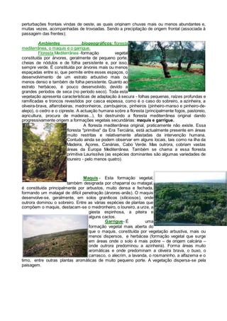 perturbações frontais vindas de oeste, as quais originam chuvas mais ou menos abundantes e,
muitas vezes, acompanhadas de trovoadas. Sendo a precipitação de origem frontal (associada à
passagem das frentes);
Ambientes biogeográficos: floresta
mediterrânea, o maquis e o garrigue.
Floresta Mediterrânea -formação vegetal
constituída por árvores, geralmente de pequeno porte,
cheias de nódulos e de folha persistente e, por isso,
sempre verde. É constituída por árvores mais ou menos
espaçadas entre si, que permite entre esses espaços, o
desenvolvimento de um estrato arbustivo mais ou
menos denso e também de folha persistente. Quanto ao
estrato herbáceo, é pouco desenvolvido, devido a
grandes períodos de seca (no período seco). Toda esta
vegetação apresenta características de adaptação à secura - folhas pequenas, raízes profundas e
ramificadas e troncos revestidos por casca espessa, como é o caso do sobreiro, a azinheira, a
oliveira-brava, alfarrobeiras, medronheiros, zambujeiros, pinheiros (pinheiro-manso e pinheiro-de-
alepo), o cedro e o cipreste. A actuação humana sobre a floresta (principalmente fogos, pastoreio,
agricultura, procura de madeiras...), foi destruindo a floresta mediterrânea original dando
progressivamente origem a formações vegetais secundárias: maquis e garrigue.
A floresta mediterrânea original, praticamente não existe. Essa
floresta "primitiva" da Era Terciária, está actualmente presente em áreas
muito restritas e relativamente afastadas da intervenção humana.
Contudo ainda se podem observar em alguns locais, tais como na ilha da
Madeira, Açores, Canárias, Cabo Verde. Mas outrora, cobriam vastas
áreas da Europa Mediterrânea. Também se chama a essa floresta
primitiva Laurissilva (as espécies dominantes são algumas variedades de
loureiro - pelo menos quatro).
Maquis - Esta formação vegetal,
também designada por chaparral ou matagal,
é constituída principalmente por arbustos, muito densa e fechada,
formando um matagal de difícil penetração (árvores-anãs). O maquis
desenvolve-se, geralmente, em solos graníticos (silíciosos), onde
outrora dominou o sobreiro. Entre as várias espécies de plantas que
compõem o maquis, destacam-se o medronheiro, o loureiro, a urze, a
giesta espinhosa, a piteira e
alguns cactos.
Garrigue- É uma
formação vegetal mais aberta do
que o maquis, constituída por vegetação arbustiva, mais ou
menos dispersos, e herbácea (formação vegetal que surge
em áreas onde o solo é mais pobre – de origem calcária –
onde outrora predominou a azinheira). Forma áreas muito
aromáticas e onde predominam a oliveira brava, o buxo, o
carrasco, o alecrim, a lavanda, o rosmaninho, a alfazema e o
timo, entre outras plantas aromáticas de muito pequeno porte. A vegetação dispersa-se pela
paisagem.
 